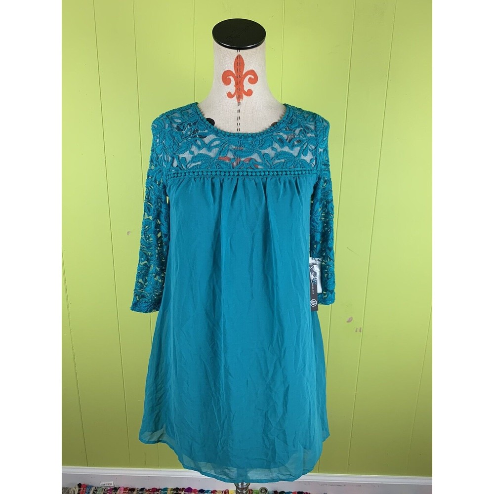 NWT As U Wish Lace Dress Size S Small 3/4 Sleeve Lined teal Aqua ($32)